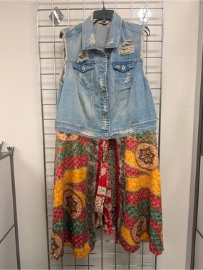 Rustic Raggs Patchwork Boho Maxi Skirt with Distressed Light Blue Denim Vest OOA